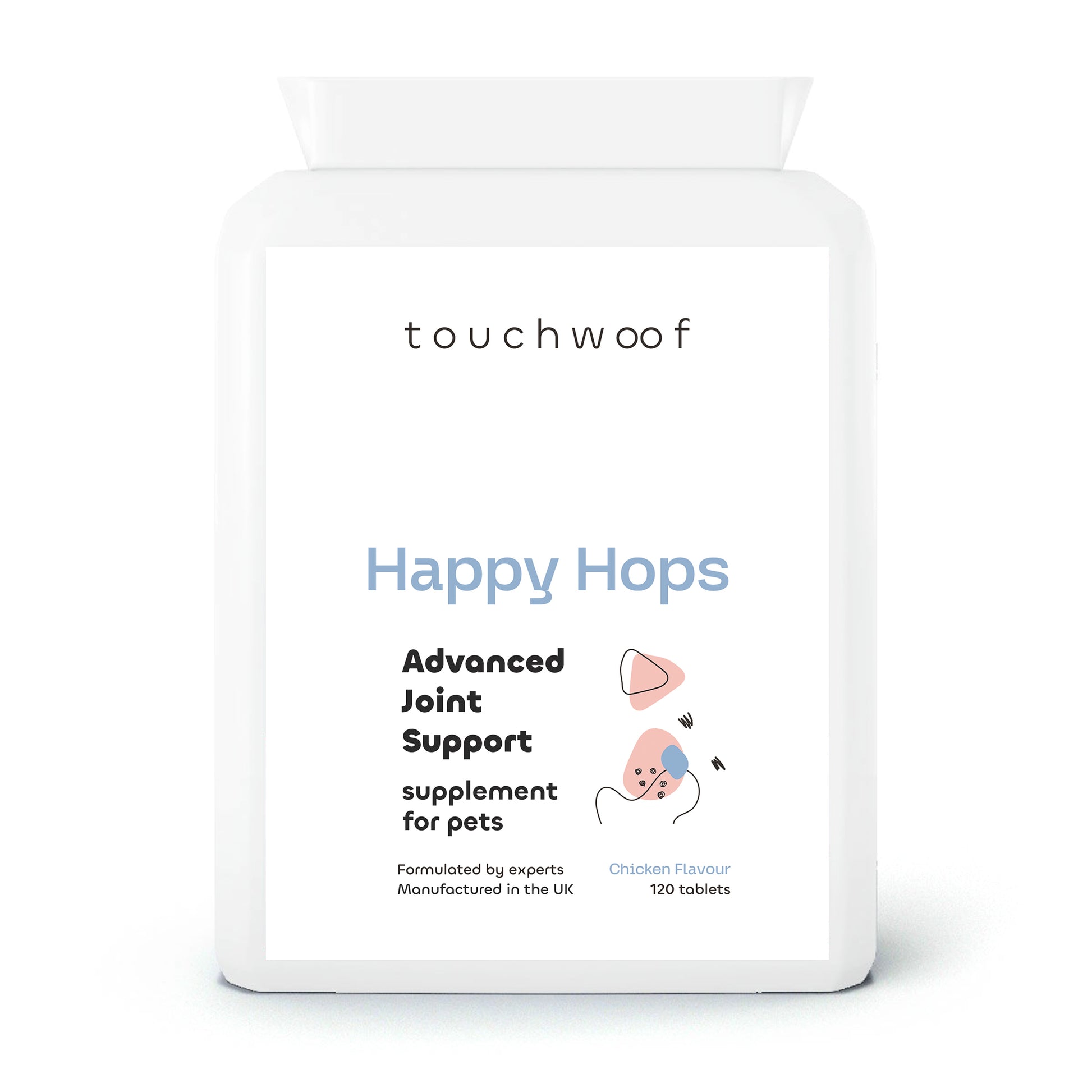 Happy Hops advanced joint support supplement for pets 120 tablets front.