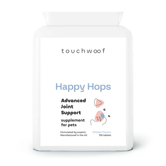 Happy Hops advanced joint support supplement for pets 120 tablets front.