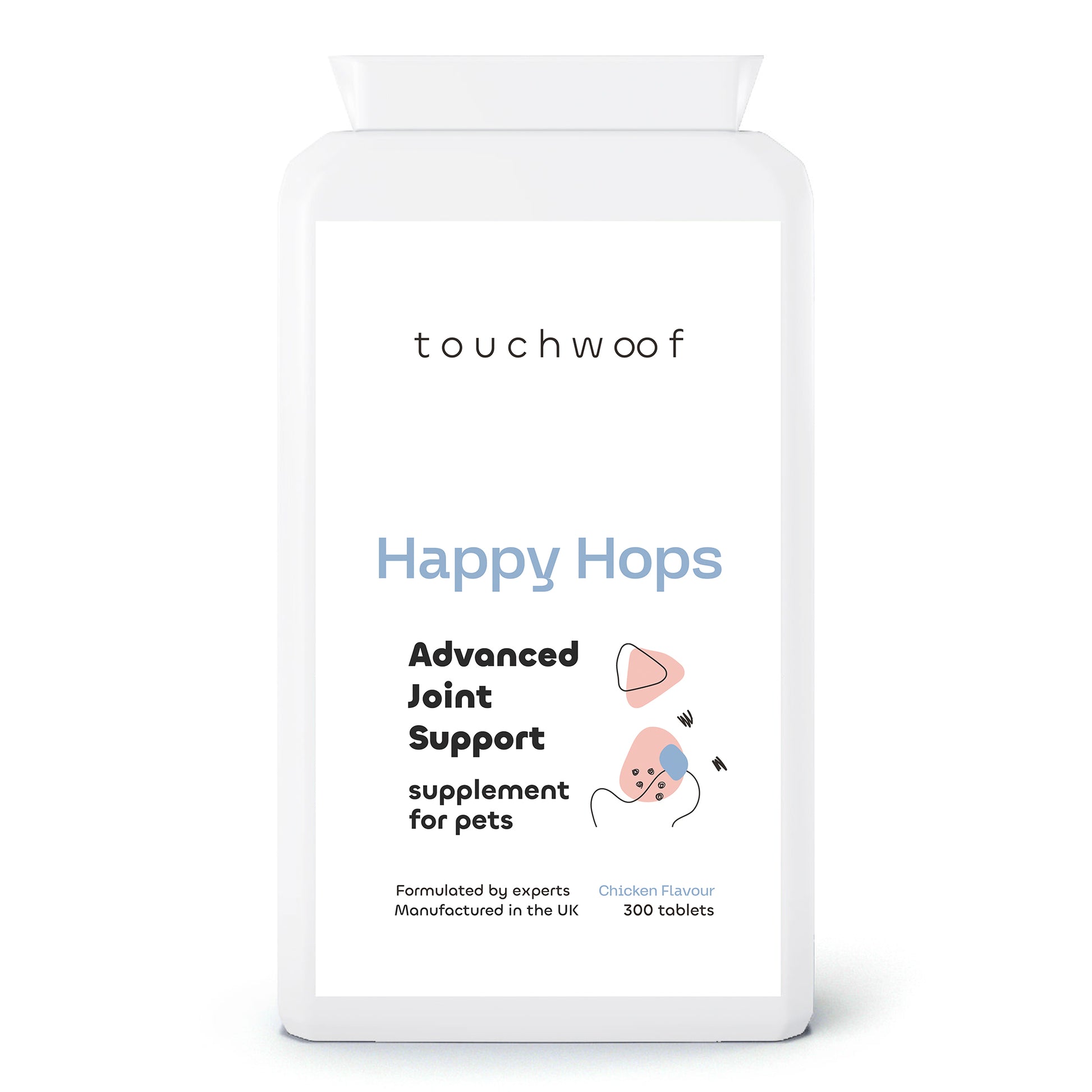 Happy Hops advanced joint support supplement for pets 300 tablets front.