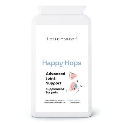 Happy Hops advanced joint support supplement for pets 300 tablets front.