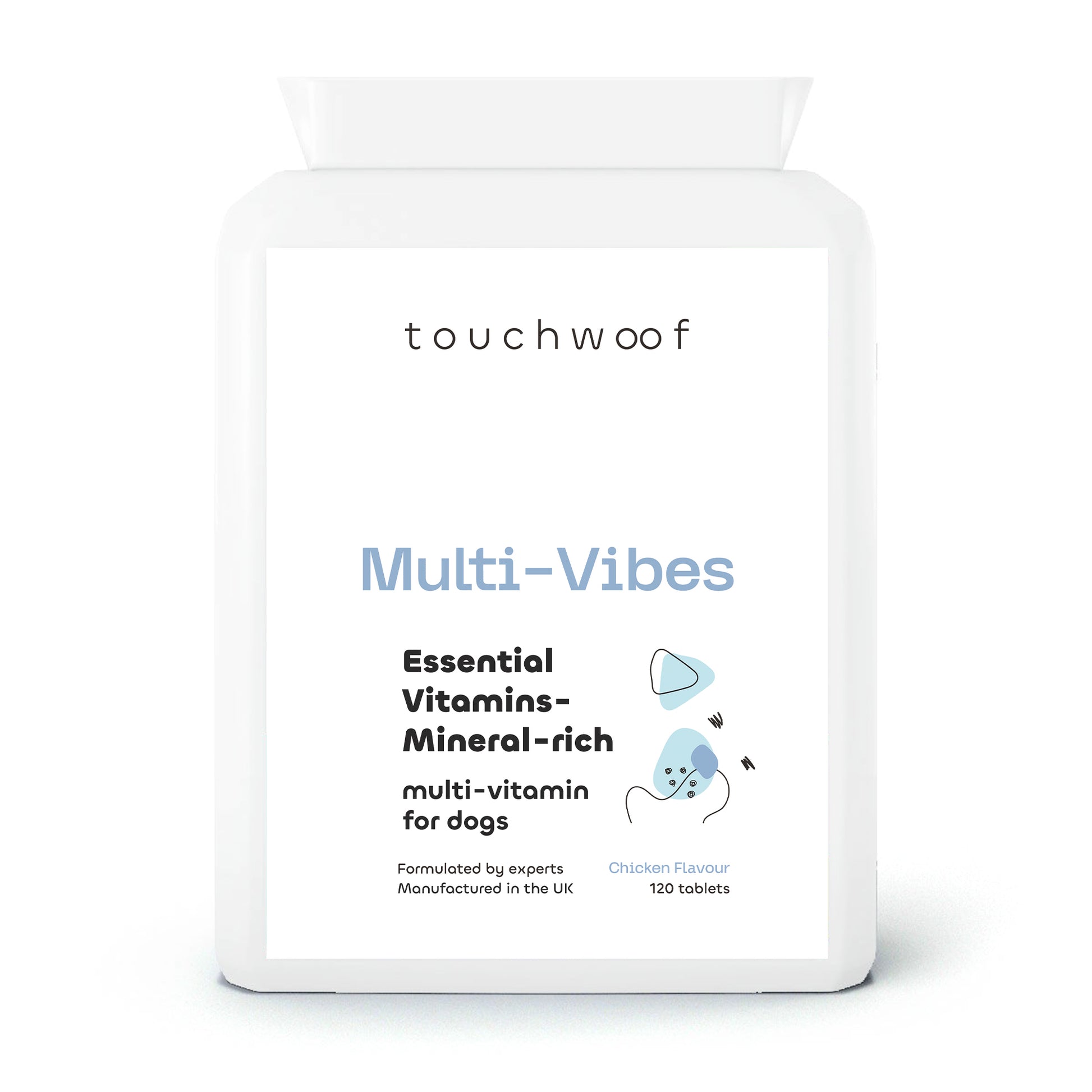 Multi-Vibes essential vitamins and mineral-rich multivitamin for dogs 120 tablets front.